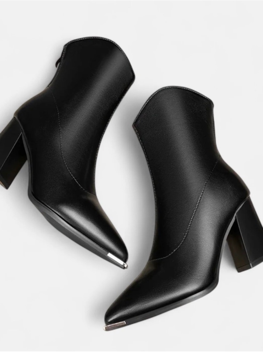 Pointed Black Ankle Booties with Metal Toe Accent - Women's